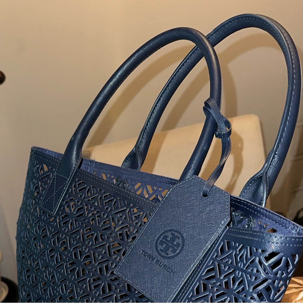 Tory Burch Navy Laser-Cut Tote - Picture 3 of 13